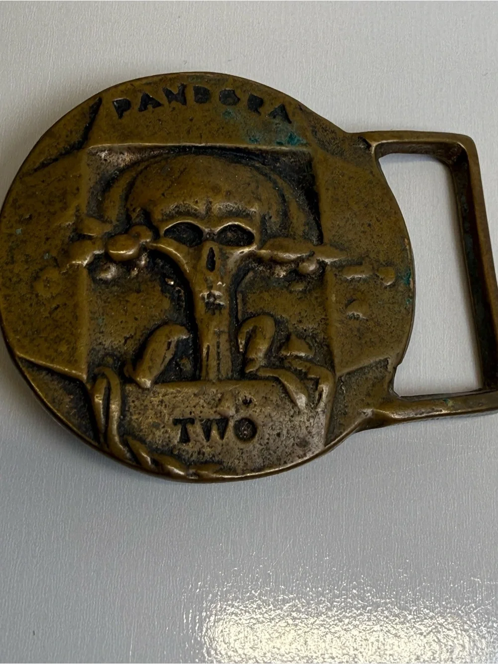 Pandora Two Brass Vintage Belt Buckle Skull Heavy Cast Rare Collectible Gold